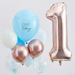 1 Års Ballongbukett Gullrosa og Blå