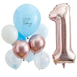 1 Års Ballongbukett Gullrosa og Blå
