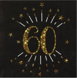 60 Års Servietter Glitter Gull og Svart