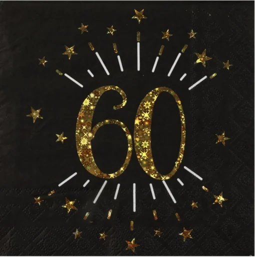 60 Års Servietter Glitter Gull og Svart