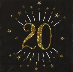 20 Års Servietter Glitter Gull og Svart
