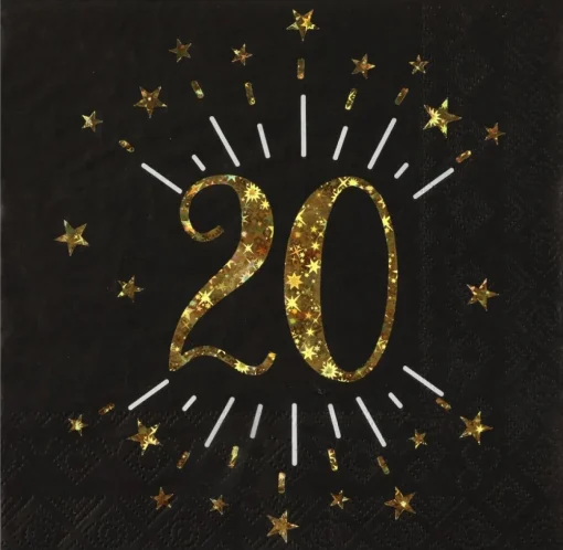 20 Års Servietter Glitter Gull og Svart