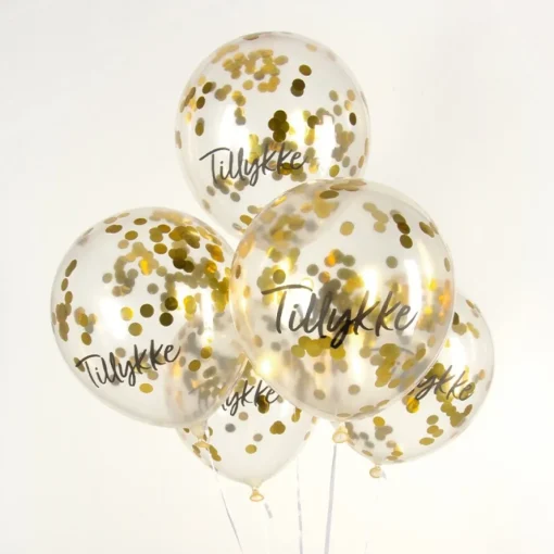 Dansk Tillykke Konfetti Ballonger Gull