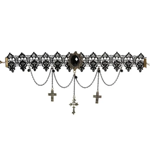 Gotisk Choker med Kors og Perler