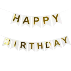 Happy Birthday Flaggbanner Gull og Hvit
