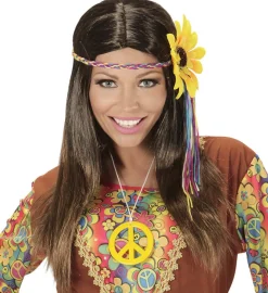 Hippie Parykk med Blomst Brun