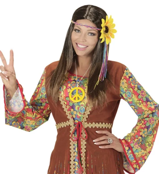 Hippie Parykk med Blomst Brun