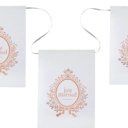 Just Married Flaggbanner Hvit og Gullrosa