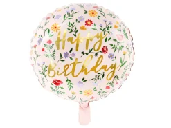 Rund Happy Birthday Blomster Folieballong