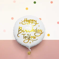 Rund Happy Birthday Folieballong Hvit og Gull