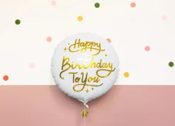 Rund Happy Birthday Folieballong Hvit og Gull