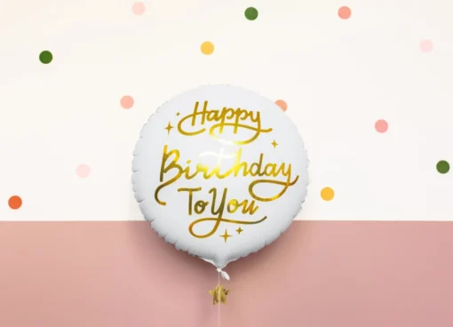 Rund Happy Birthday Folieballong Hvit og Gull