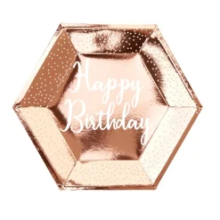 Sekskantet Happy Birthday Papptallerkener Gullrosa