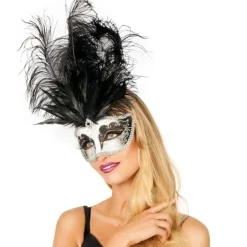 Venedig Maske med Fjær Sølv og Svart