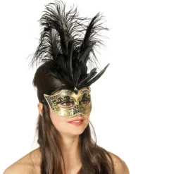Venedig Maske med Fjær Svart